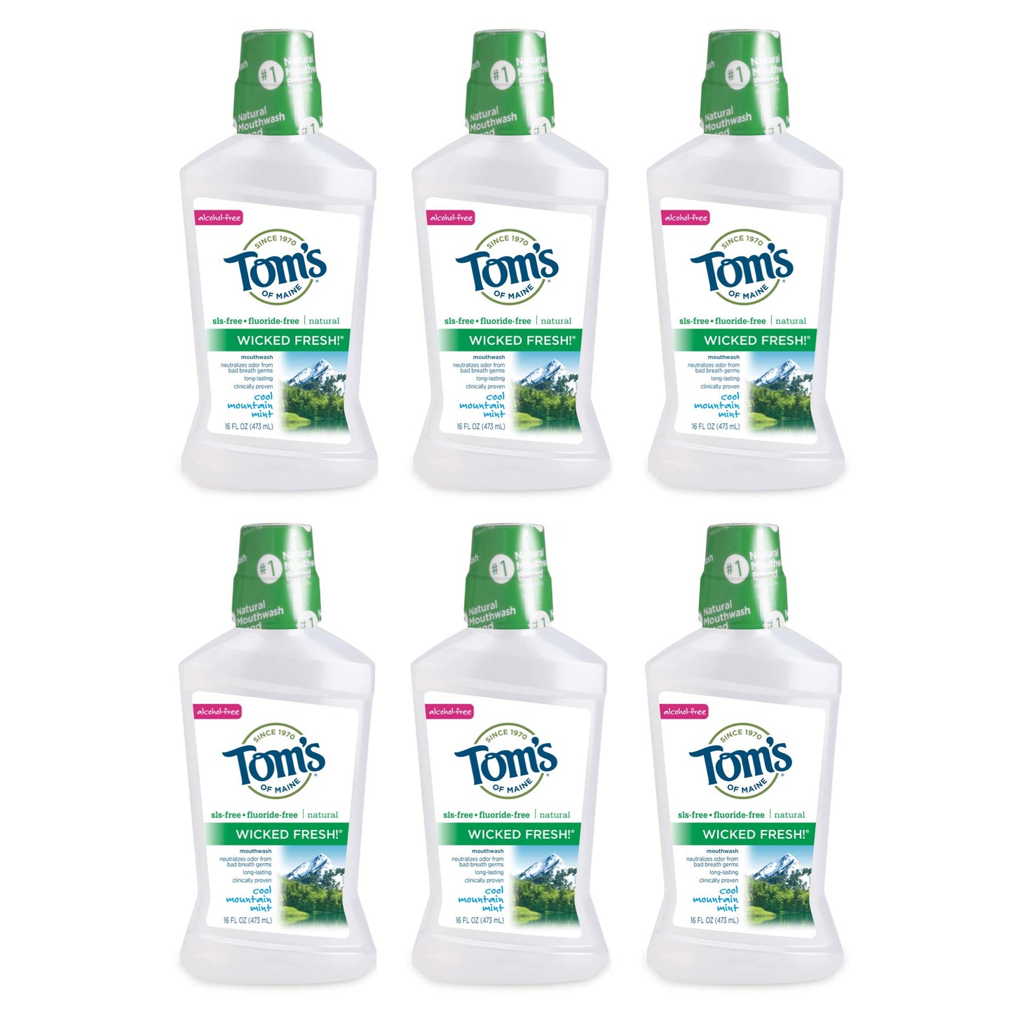 Tom's of Maine Wicked Fresh! Natural Fluoride Free Mouthwash, Cool Mountain Mint, 473ml, 6 pack Tom's of Maine