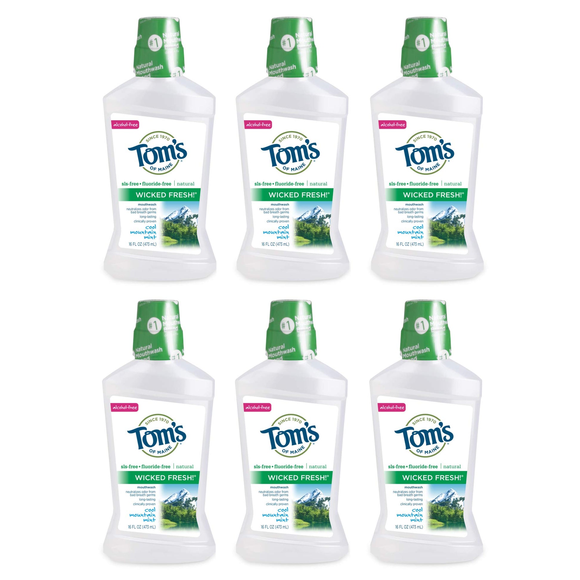 Tom's of Maine Wicked Fresh! Natural Fluoride Free Mouthwash, Cool Mountain Mint, 473ml, 6 pack Tom's of Maine
