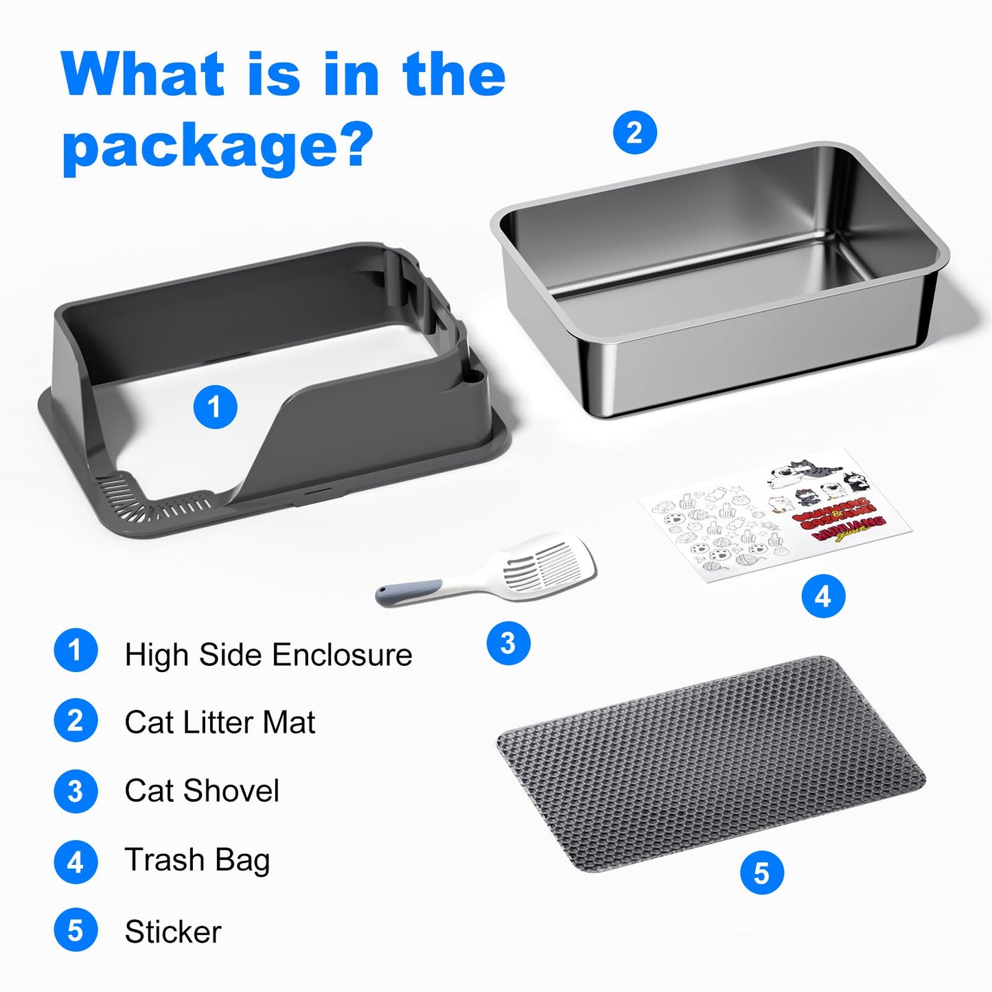 Stainless Steel Cat Litter Box with Lid, XL Litter Box for Big Cats, High Sided Metal Pan, Anti Leakage,Odor-Free & Easy Cleaning,Included Scoop &Trash Bag*2 & Mat & Sticker (Grey)