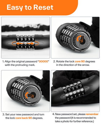 Bike Lock, 5-Digit Resettable Combination Bicycle Lock, Heavy Duty Anti-Theft Bike Chain Locks for Road Bike Mountain Bikes Cycling Locks