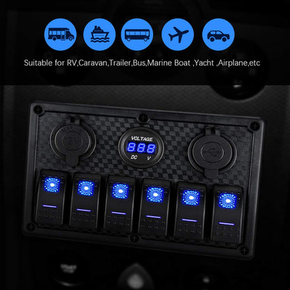 Kohree 6 Gang 12V Switch Panel with Dual QC3.0 USB Slot Socket Kohree