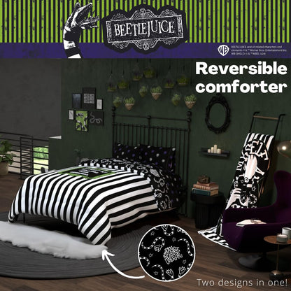 Franco Collectibles Beetlejuice Halloween Striped Bedding 5 Piece Super Soft Reversible Comforter and Sheet Set, Full, (Officially Licensed Product)