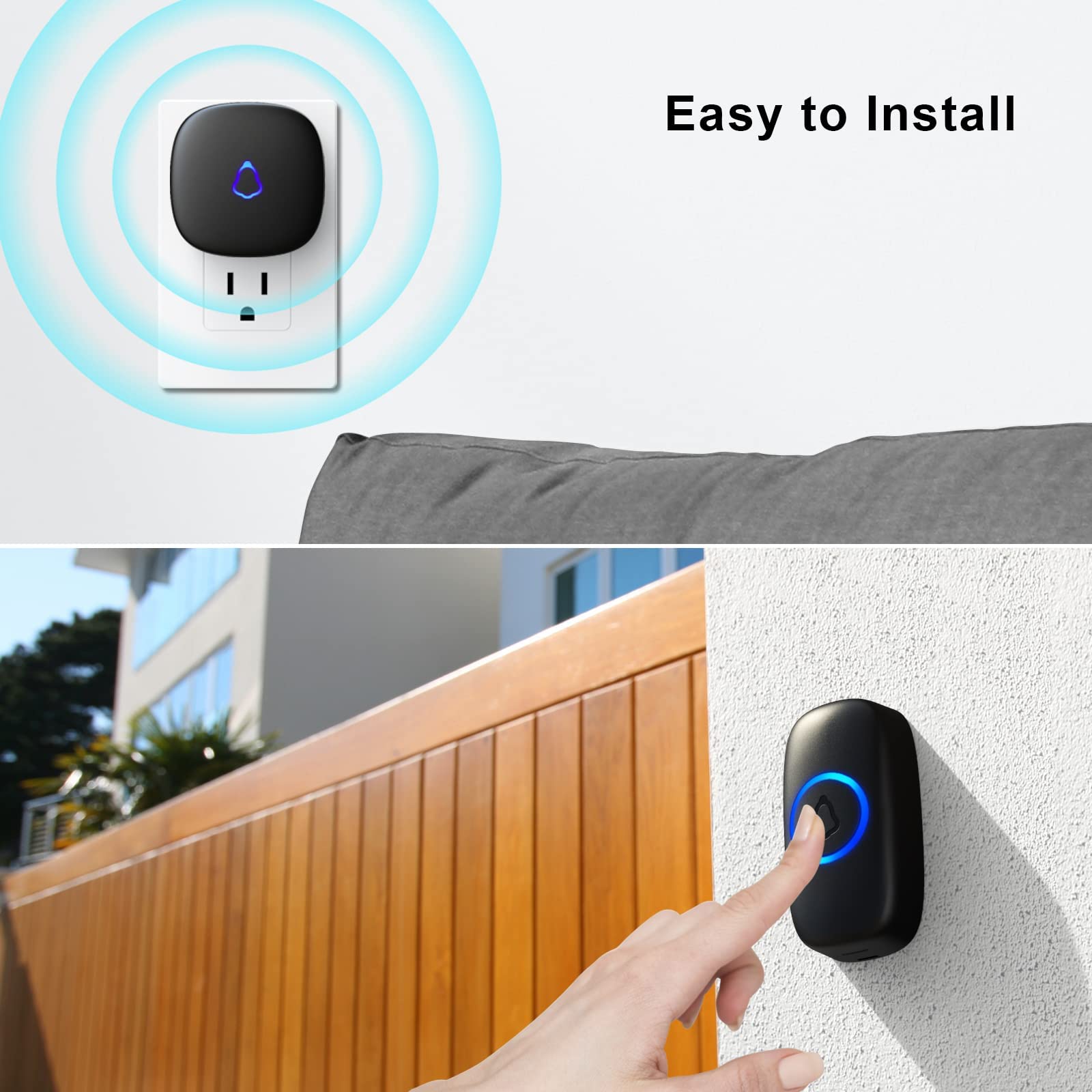 SECRUI Wireless Doorbell, Easy Installation, Adjustable Volumes, 58 Chimes, 1000Ft Operating Range, LED Indicator, Black