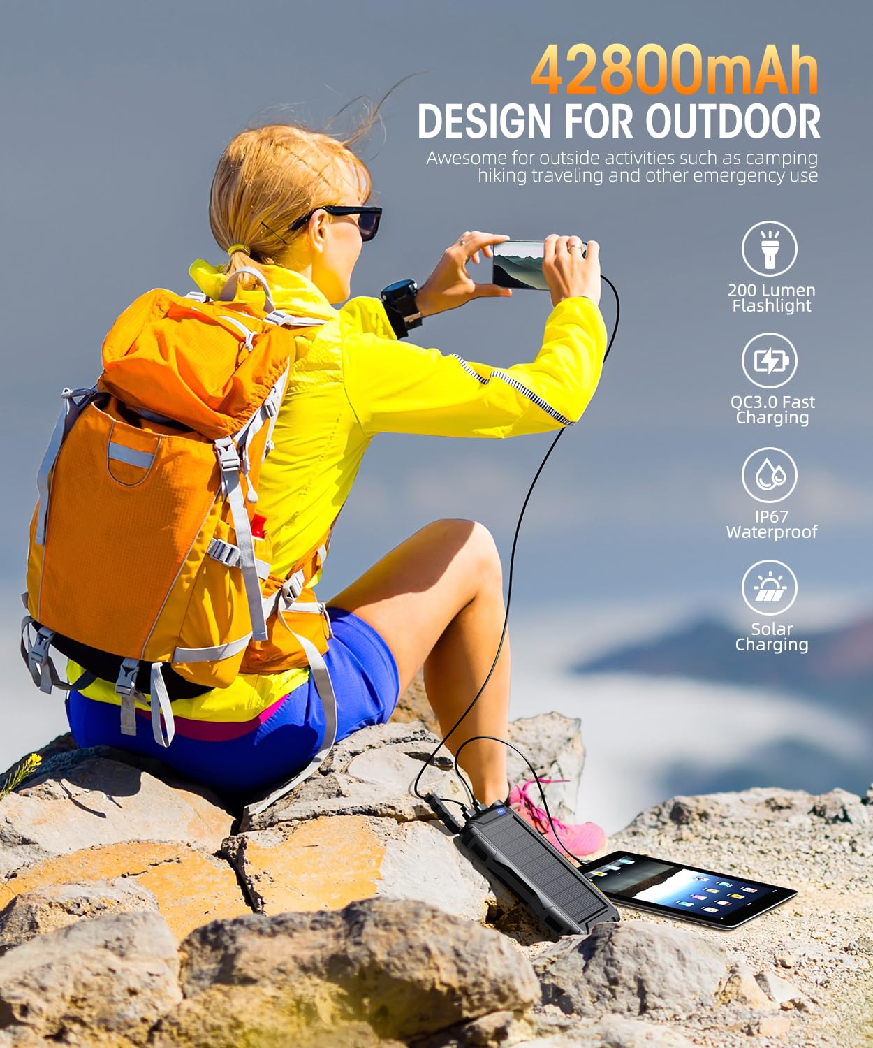 Solar Charger, Power Bank, 42800mAh Portable Charger Power Bank External Battery Pack 5V3.1A Qc 3.0 Fast Charger Built-in Super Bright Flashlight (Black)
