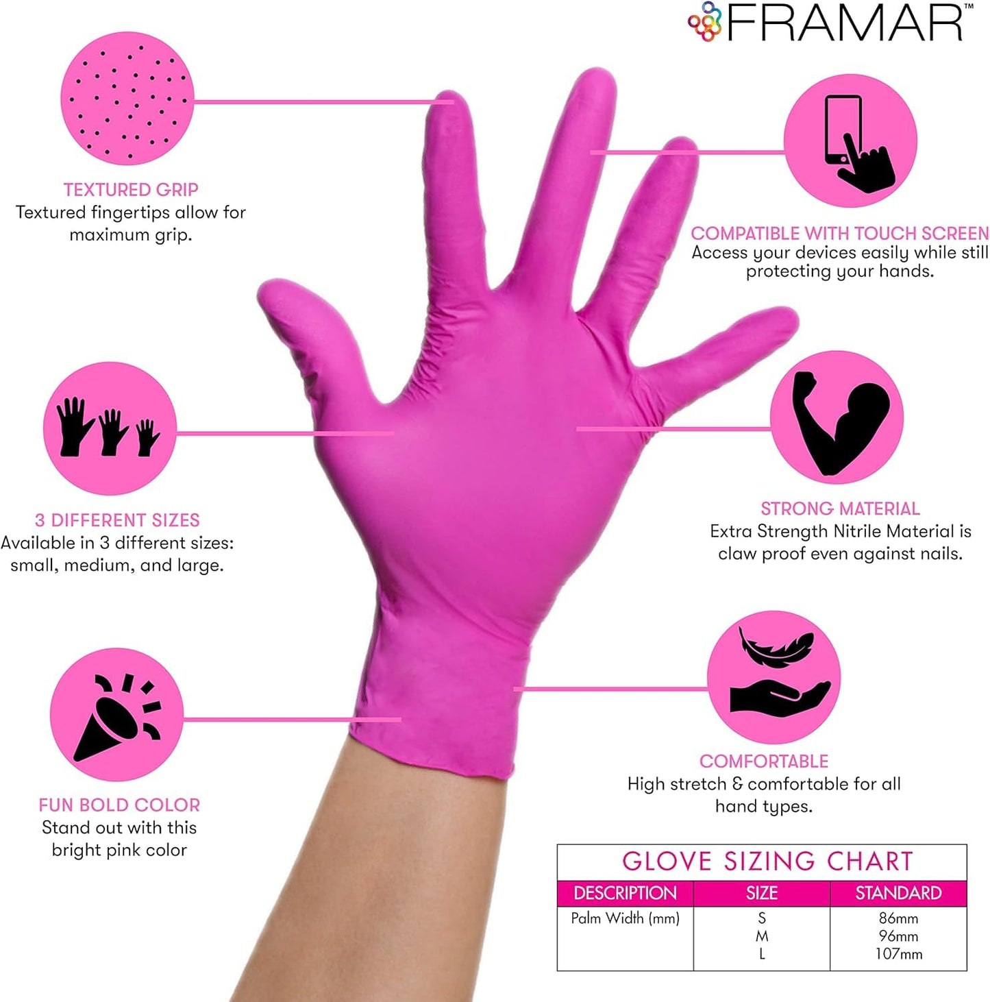 FRAMAR Pink Nitrile Gloves Small – Disposable Gloves Small, Cleaning Gloves, Plastic Gloves Disposable Food Safe, Latex Free Gloves, Gants Nitrile, Gants Jetables, Rubber Gloves