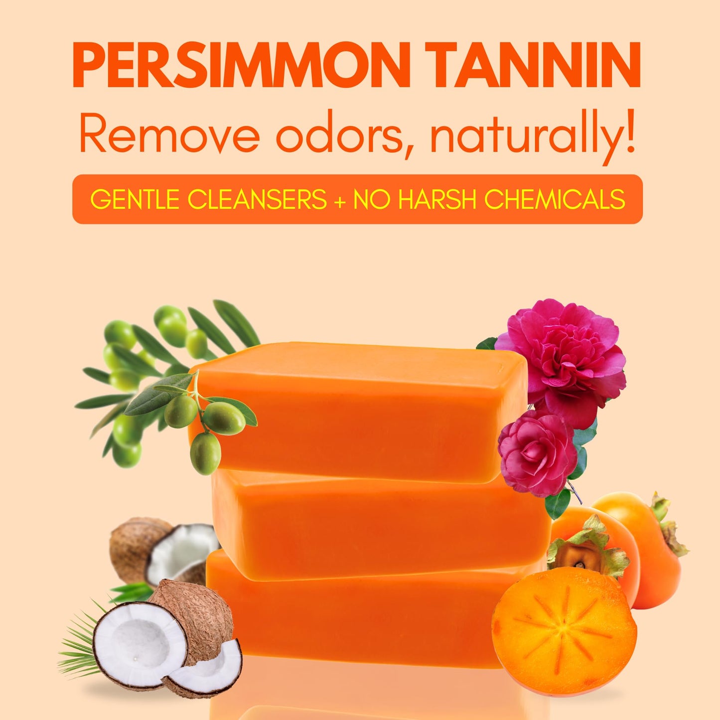 Muun Persimmon Soap (Pack 3) For Old People Smell, Aging Odor - Japanese Deodorant Soap, Deodorizing Body Wash, Smooth Deeply Cleansing - Body Odor Eliminator for Women & Men - Available at All In One Marketplace Canada