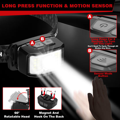 Headlamp Rechargeable 2 Packs,2000 Lumen Super Bright Motion Sensor 16 Modes (Individual Control) LED Headlamp,Waterproof Lightweight Flashlight Hard Hat Light for Outdoor Camping Fishing Running - Available at All In One Marketplace Canada