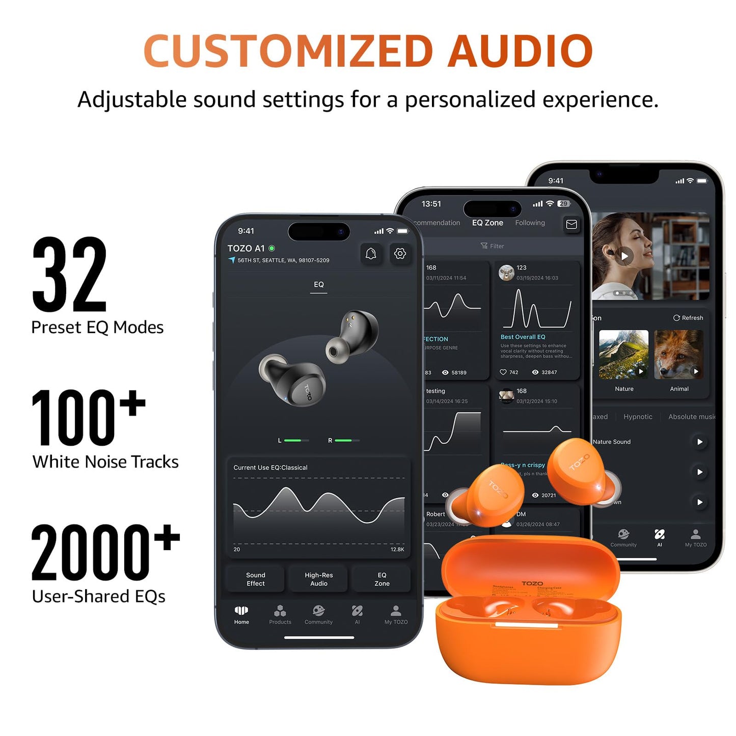 TOZO A1 Wireless Earbuds Bluetooth 5.3 Light Weight in Ear IPX5 Waterproof Headphones 2 Mic for AI Calls, Immersive Premium Sound Bass Headset with Charging Case, 32 Presets EQ Customization via App
