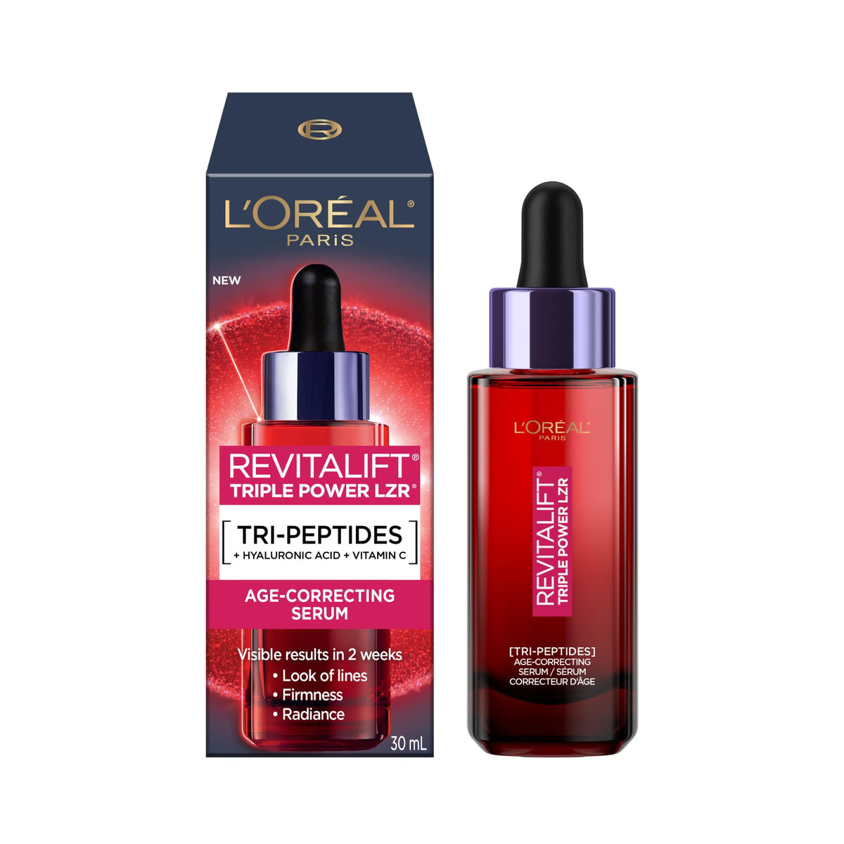 L’Oréal Paris Triple Power LZR Tri-Peptides Age Correcting Face Serum with Vitamin C & Hyaluronic Acid, Anti-Aging Skin Care, 30 mL