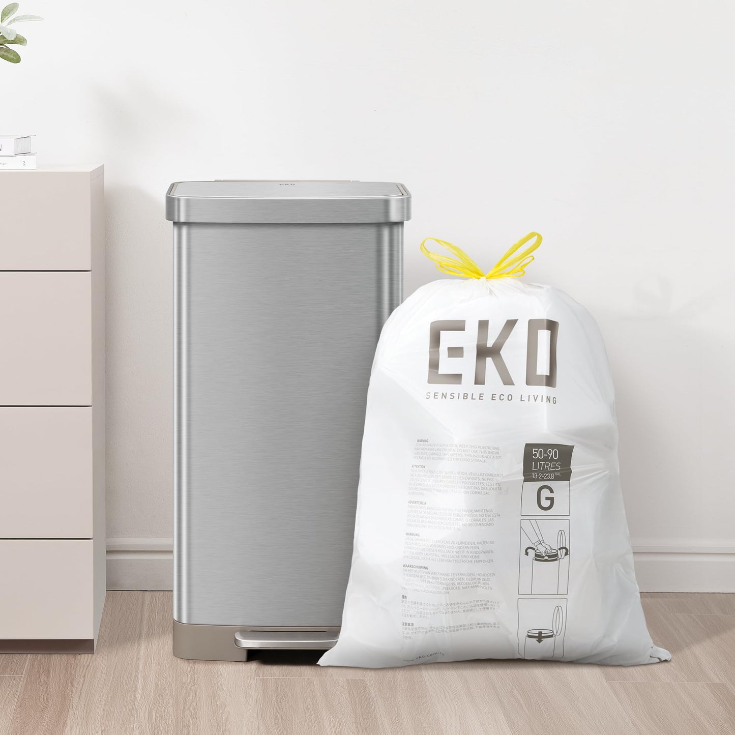 EKO Easy-Dispense Roll of 60 Count Extra-Strong Drawstring Kitchen Trash Bags - 21 Gallon Garbage Bags (79.5L) 1 Pack, Code G EKO
