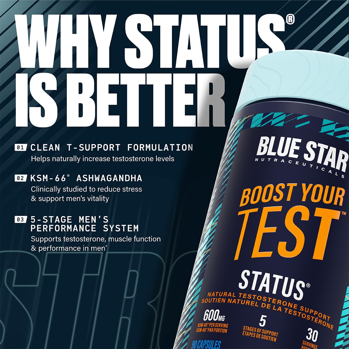 Blue Star Nutraceuticals Status - Natural Testosterone Support, Helps Increase Testosterone Levels & Muscle Strength, Clinically Researched Ingredients, 90 Veggie Caps, 30 Day Supply (NPN 80083809) - Available at All In One Marketplace Canada