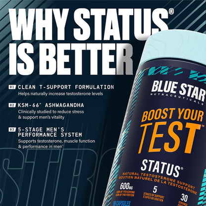 Blue Star Nutraceuticals Status - Natural Testosterone Support, Helps Increase Testosterone Levels & Muscle Strength, Clinically Researched Ingredients, 90 Veggie Caps, 30 Day Supply (NPN 80083809) - Available at All In One Marketplace Canada