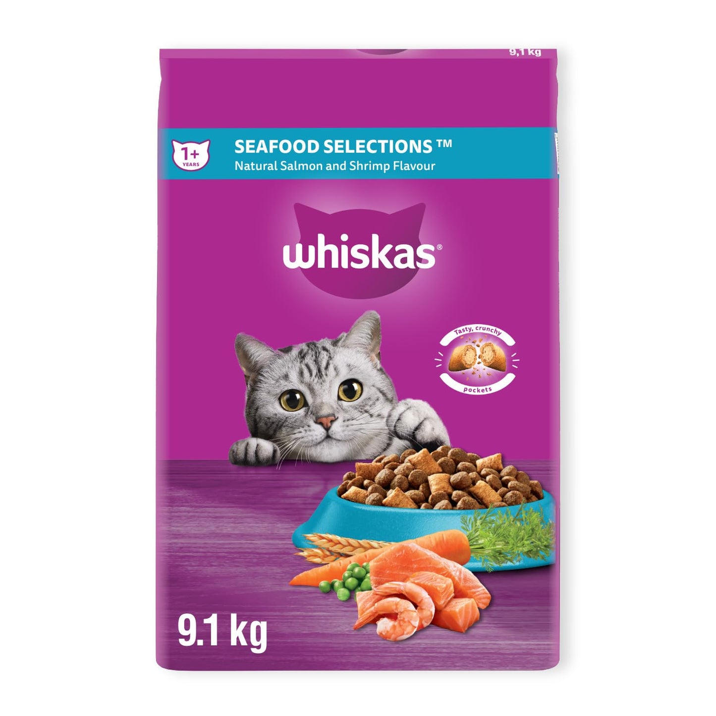 WHISKAS Seafood Selections Adult Dry Cat Food With Natural Salmon and Shrimp Flavour, Large 9.1kg Bag - Available at All In One Marketplace Canada