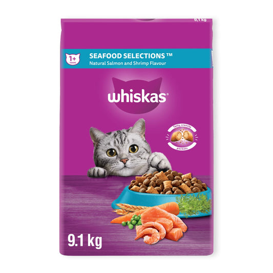 WHISKAS Seafood Selections Adult Dry Cat Food With Natural Salmon and Shrimp Flavour, Large 9.1kg Bag - Available at All In One Marketplace Canada