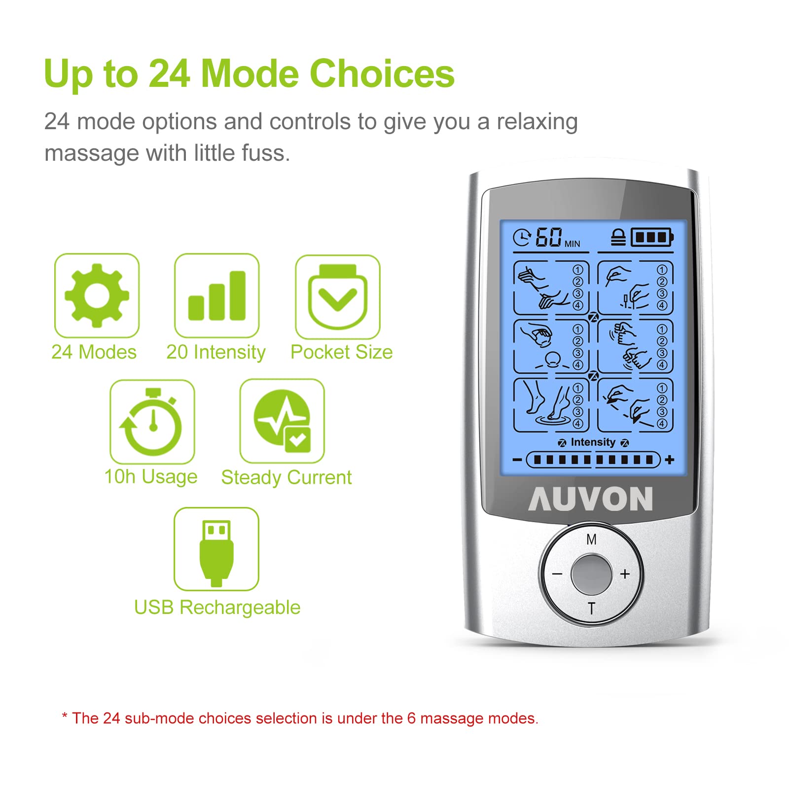 AUVON Rechargeable TENS Machine, 24 Modes 4th Gen TENS Unit Muscle Stimulator with 8pcs 2"x2" Premium Electrode Pads for Pain Relief, Back Pain, Neck Pain, Muscle Pain - Available at All In One Marketplace Canada