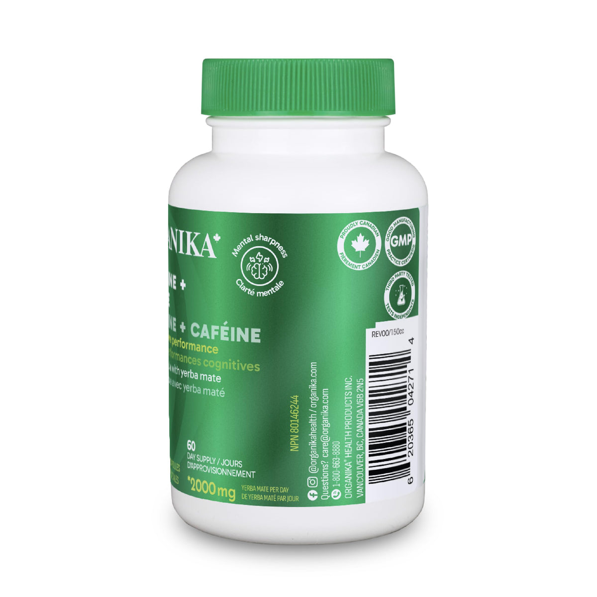 Organika Canadian-Made L-Theanine + Caffeine | Natural Yerba Mate Caffeine & L-Theanine Blend | Focus, Alertness & Calm Energy | 60 vegetarian capsules