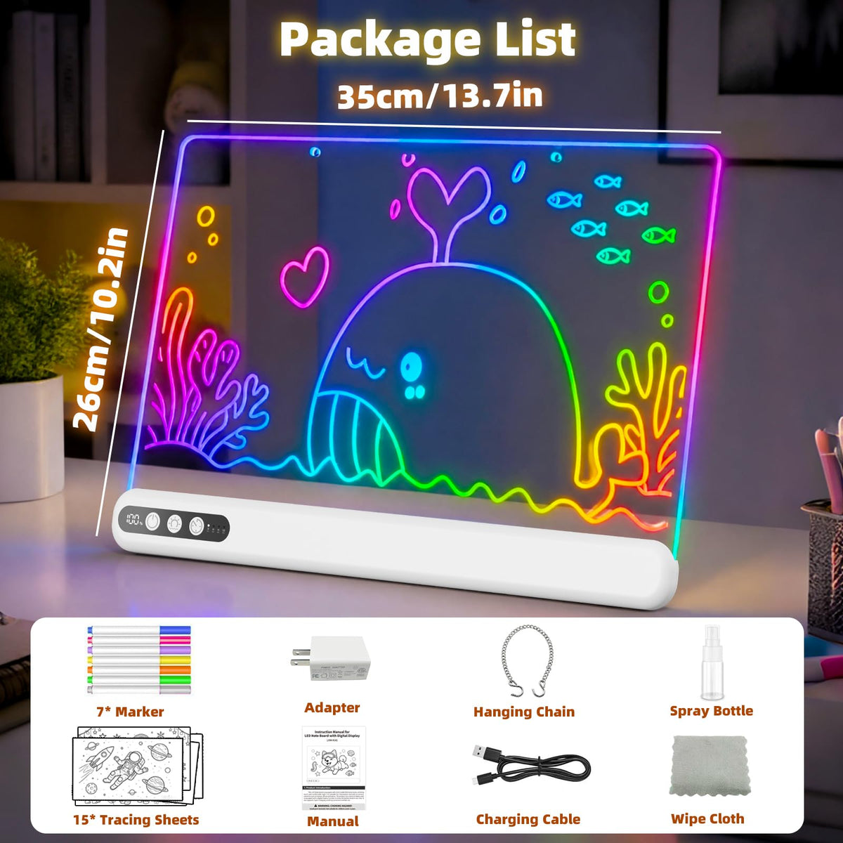 16'' LED Drawing Board for Kids, Rechargeable Led Note Board with 7 Colors, Light Up Drawing Tablet 7 Dynastic Modes Includes Adapter, Christmas Birthday Halloween Gifts for Girls & Boys Age 3+ White 🍁 All In One Marketplace Canada
