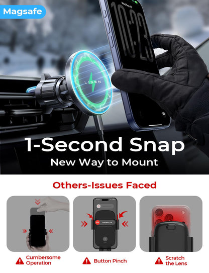 LISEN 15W for MagSafe Car Mount Charger【24 Strongest Magnets】 Phone Holder Car Magnetic Wireless Charger【360°】 Vent & Dashboard MagSafe Car Accessories for Mom for iPhone 17 Pro 16 15 14 13 - Available at All In One Marketplace Canada