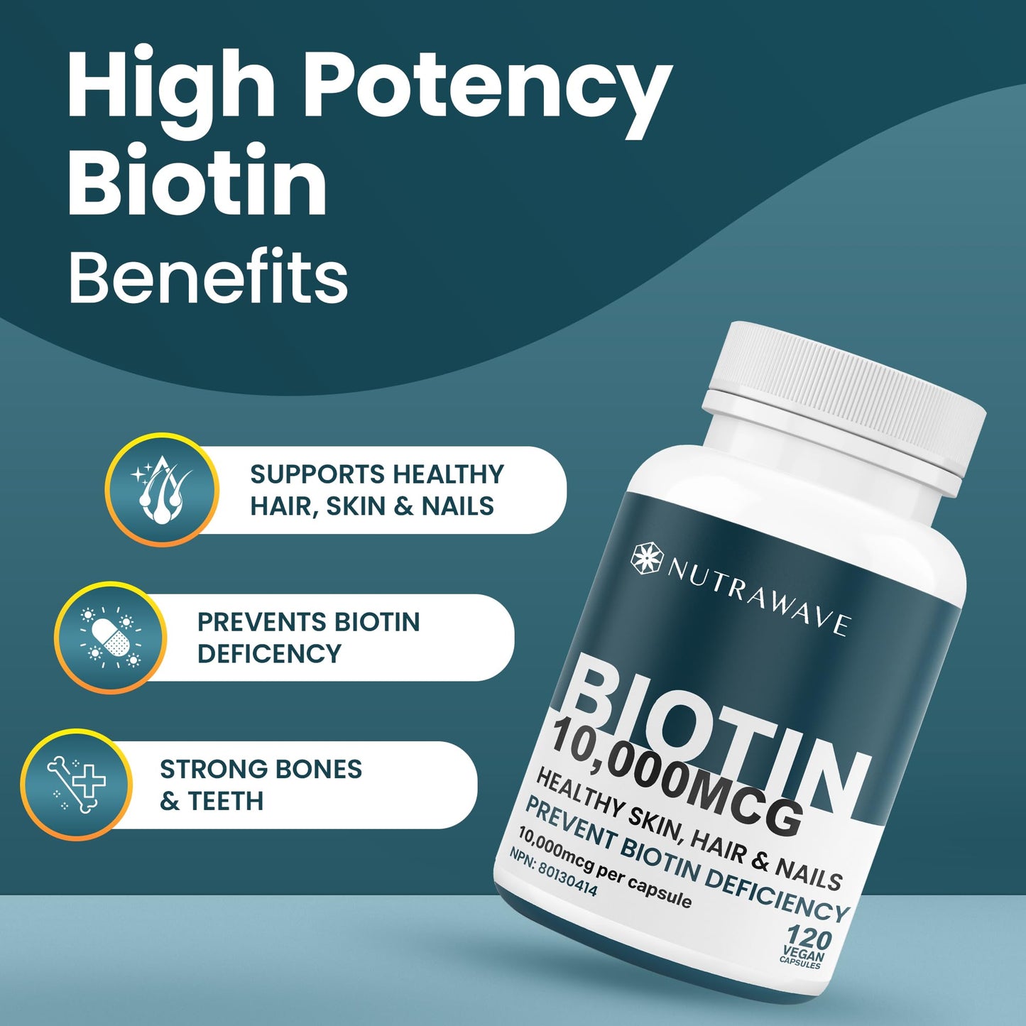 Nutrawave Extra Strength Biotin 10000mcg – Biotin for Hair Growth, Lush Hair, Glowing Skin & Strong Nails, Ideal for Women & Men, Non-GMO, Vegan, Gluten-Free. 120 Capsules - Available at All In One Marketplace Canada