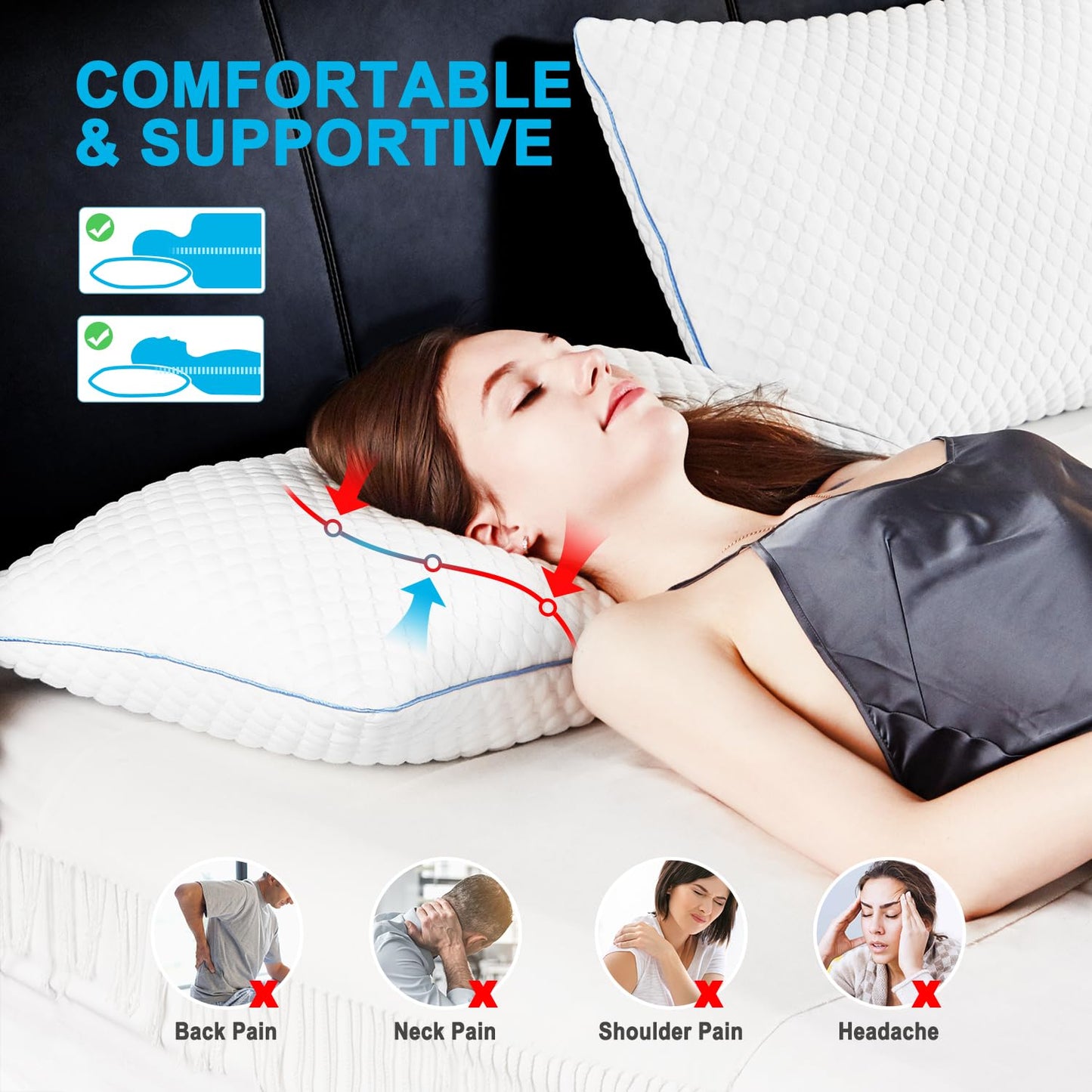 VVZ Cooling Shredded Memory Foam Pillows Queen Size 2 Pack, Adjustable Firm Bed Pillows for Side Back Stomach Sleepers, Luxury Gel Pillow for Hot Sleepers with Breathable Washable Cover - Available at All In One Marketplace Canada
