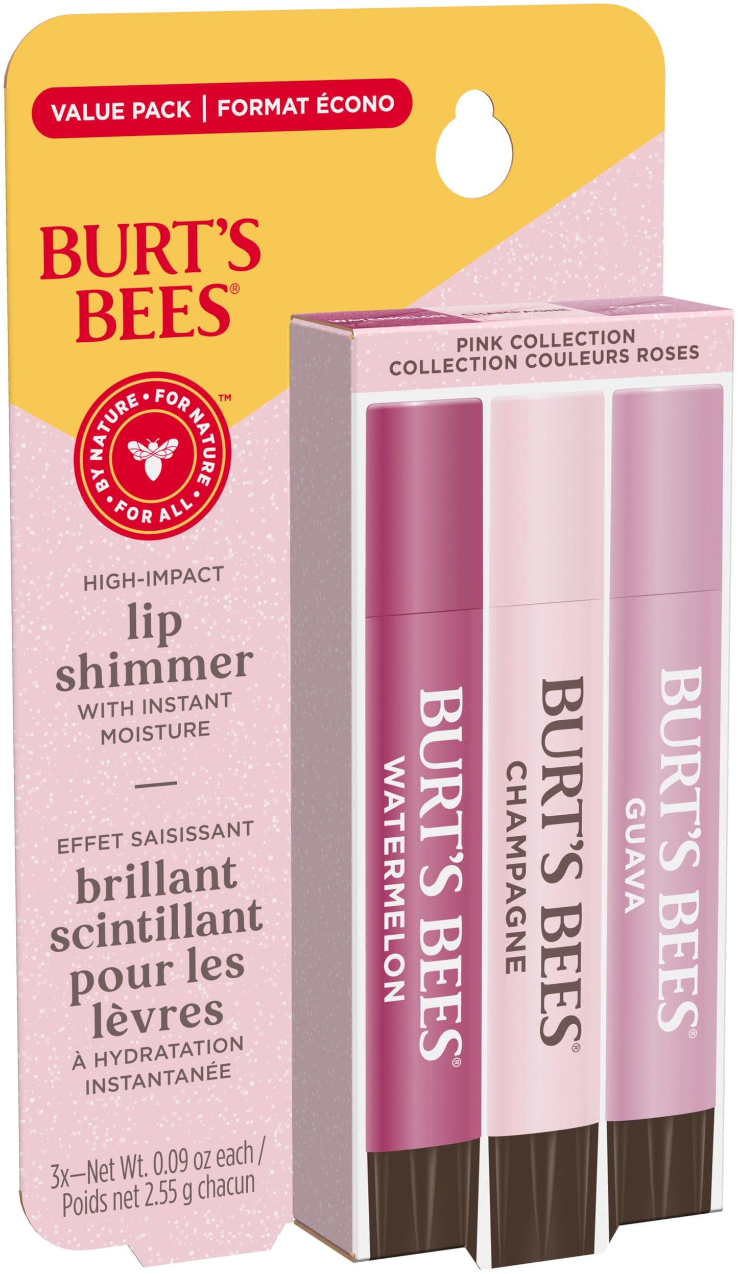 Burt's Bees Lip Shimmer, 100% Natural Origin Lip Gloss, Tinted Lip Colour | Get Soft and Hydrated Lips | Pack of 3 - (Pink) Champagne, Watermelon, Guava Burt's Bees