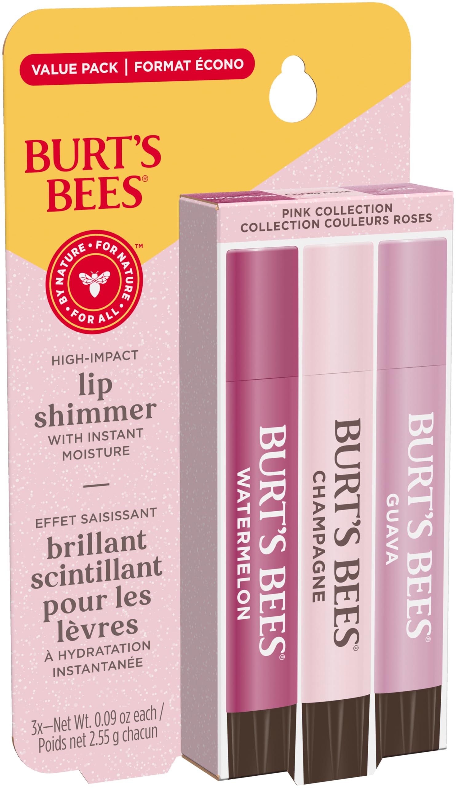 Burt's Bees Lip Shimmer, 100% Natural Origin Lip Gloss, Tinted Lip Colour | Get Soft and Hydrated Lips | Pack of 3 - (Pink) Champagne, Watermelon, Guava Burt's Bees