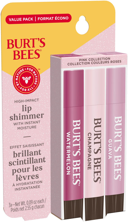 Burt's Bees Lip Shimmer, 100% Natural Origin Lip Gloss, Tinted Lip Colour | Get Soft and Hydrated Lips | Pack of 3 - (Pink) Champagne, Watermelon, Guava Burt's Bees
