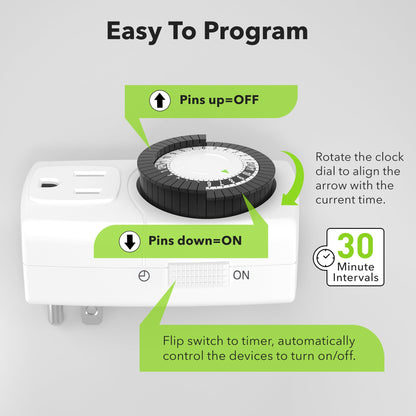 BN-LINK BND-60/U47 Indoor Mini 24-Hour Mechanical Outlet Timer, 3-Prong, 2-Pack - Available at All In One Marketplace Canada
