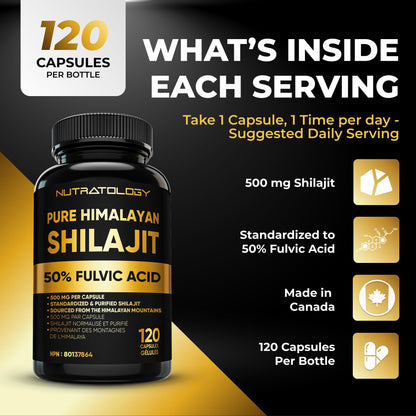 Nutratology® Pure Shilajit Capsules | 50% Fulvic Acid | High Potency & Purity - Sourced from the Himalayan Mountains - Shilajit for Men & Women - 120 Count - Available at All In One Marketplace Canada