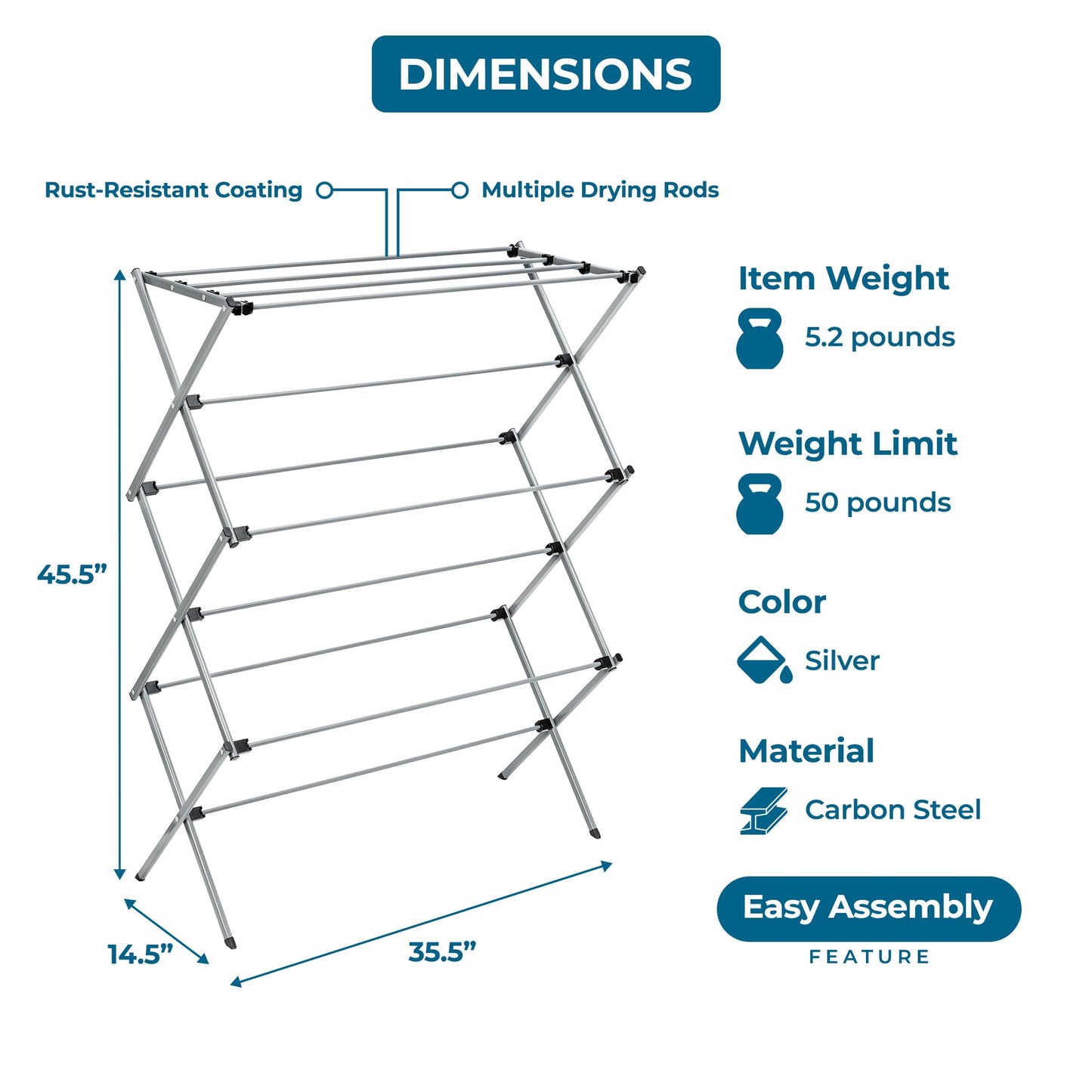 Honey-Can-Do Oversize Collapsible Clothes Drying Rack DRY-09066 Silver, 50 lbs Honey-Can-Do