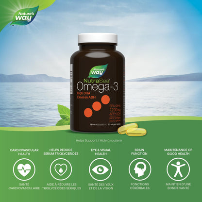 Nature's Way NutraSea DHA 2X Concentrated Omega 3 Softgels Supplement – Fresh Mint Flavour – Brain & Eye Support for Adults and Kids Ages 14+ – 500mg DHA, 60 Softgels Nature's Way