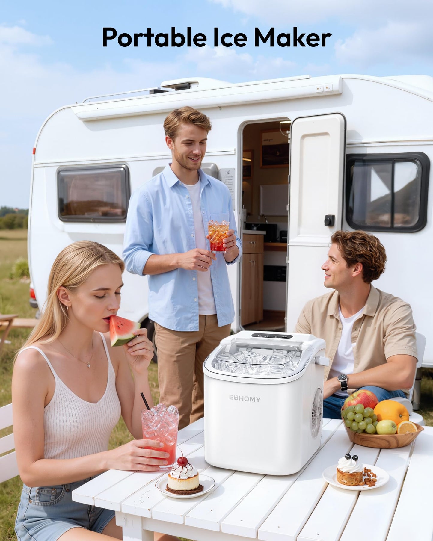 EUHOMY Countertop Ice Maker Machine with Handle, 26lbs Per Day, 9 Ice Cubes Ready in 6 Mins, Auto-Cleaning Portable Ice Maker with Basket and Scoop, for Home/Kitchen/Camping/RV (White)