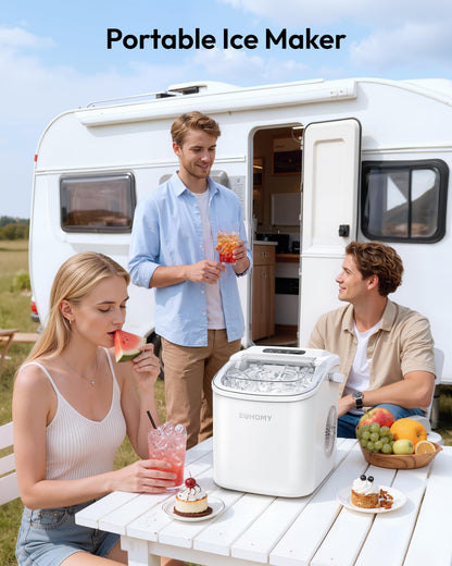 EUHOMY Countertop Ice Maker Machine with Handle, 26lbs Per Day, 9 Ice Cubes Ready in 6 Mins, Auto-Cleaning Portable Ice Maker with Basket and Scoop, for Home/Kitchen/Camping/RV (White)