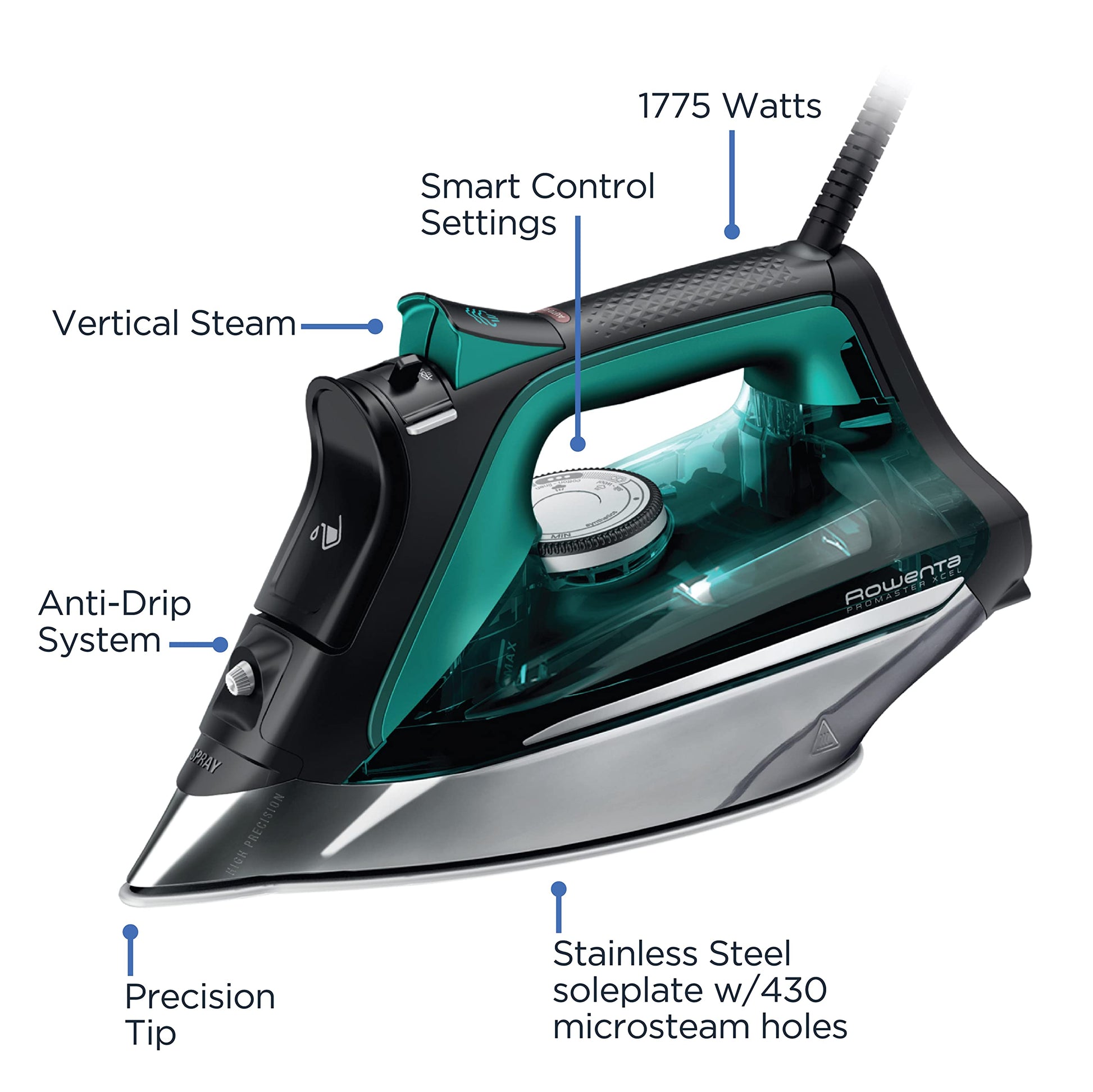 Rowenta Pro Master Stainless Steel Soleplate Steam Iron for Clothes, 1775 Watts, 210 g/min, 400 Microsteam Holes, Anti-Drip, Auto Shutoff, Powerful Steam, DW8360, Black & Blue 🍁 All In One Marketplace Canada Rowenta
