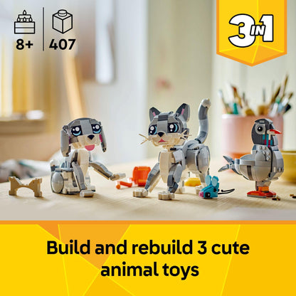 LEGO Creator 3 in 1 Playful Cat Toy - Building Toy with 3 Building Options, Cat, Dog, or Pigeon - Animal Figures for Kids, Girls and Boys, Ages 8+ - Gift Idea for Birthday - 31163