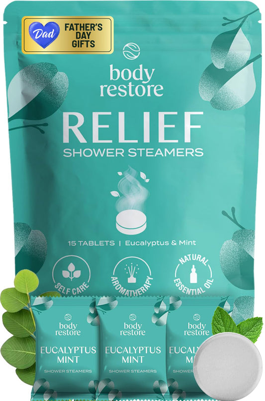 Body Restore Shower Steamers Aromatherapy 15 Pack – Fathers Day Gift for Dad, Luxury Spa Gifts for Men, Stress Relief & Relaxation Self Care – Premium Eucalyptus Essential Oil Tablets - Available at All In One Marketplace Canada