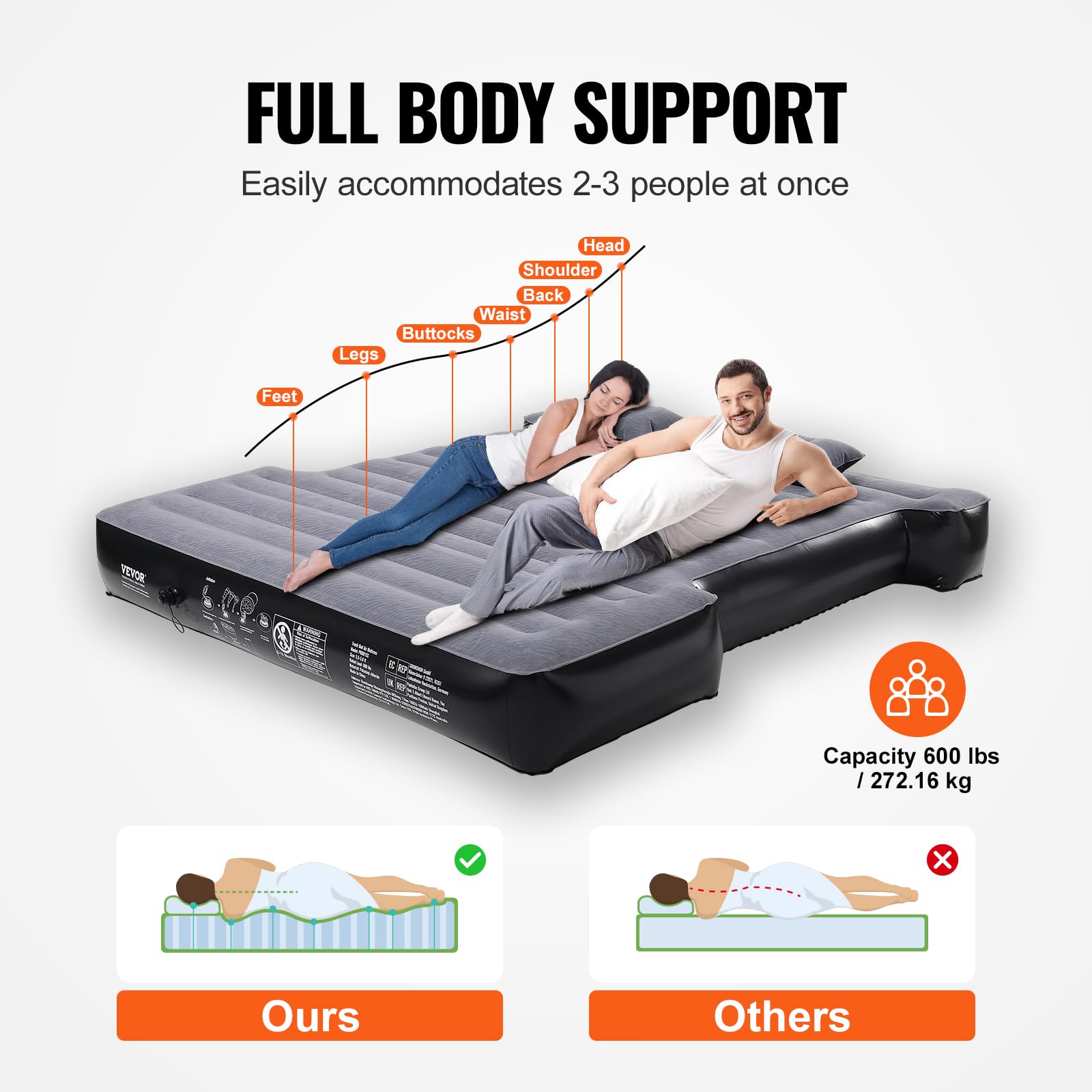 VEVOR Truck Bed Air Mattress, for 5.5-5.8 ft Full Size Short Truck Beds, Inflatable Air Mattress Camping Bed with 12V Air Pump 2 Pillows, Carry Bag, for Silverado, RAM, F Series, Sierra, Titan, Tundra VEVOR