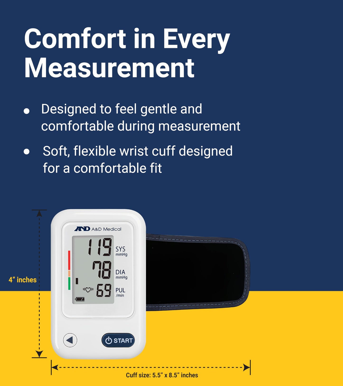 A&D Medical Wrist Blood Pressure Monitor for Home Use - UB-525CN, BP Adjustable Cuff (5.3-8.5"/13.5-21.5 cm) One Button Operation, 60 Reading Memory, FSA/HSA Eligible, 2 AAA Batteries - Available at All In One Marketplace Canada