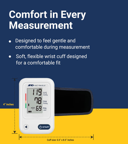 A&D Medical Wrist Blood Pressure Monitor for Home Use - UB-525CN, BP Adjustable Cuff (5.3-8.5"/13.5-21.5 cm) One Button Operation, 60 Reading Memory, FSA/HSA Eligible, 2 AAA Batteries - Available at All In One Marketplace Canada