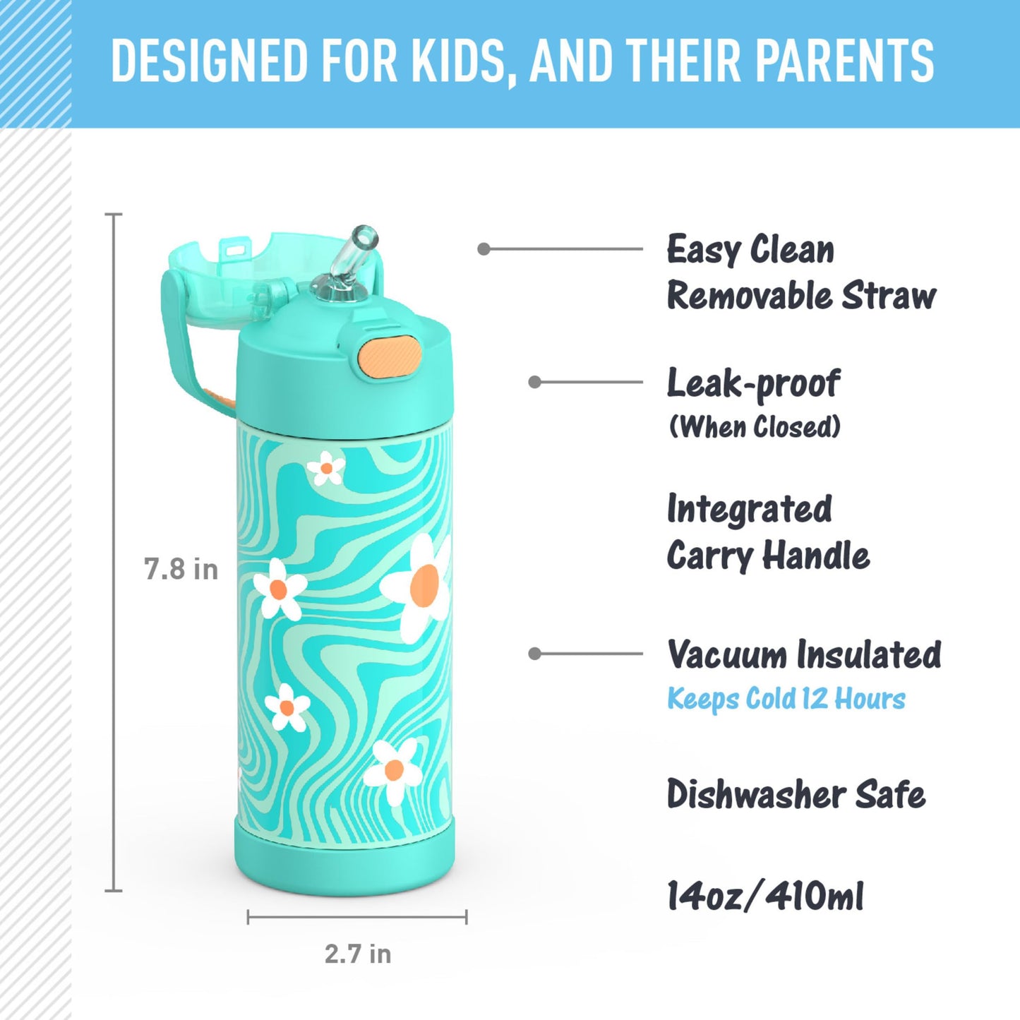 THERMOS FUNTAINER 14 Ounce Stainless Steel Vacuum Insulated Bottle, Wavy Daisies