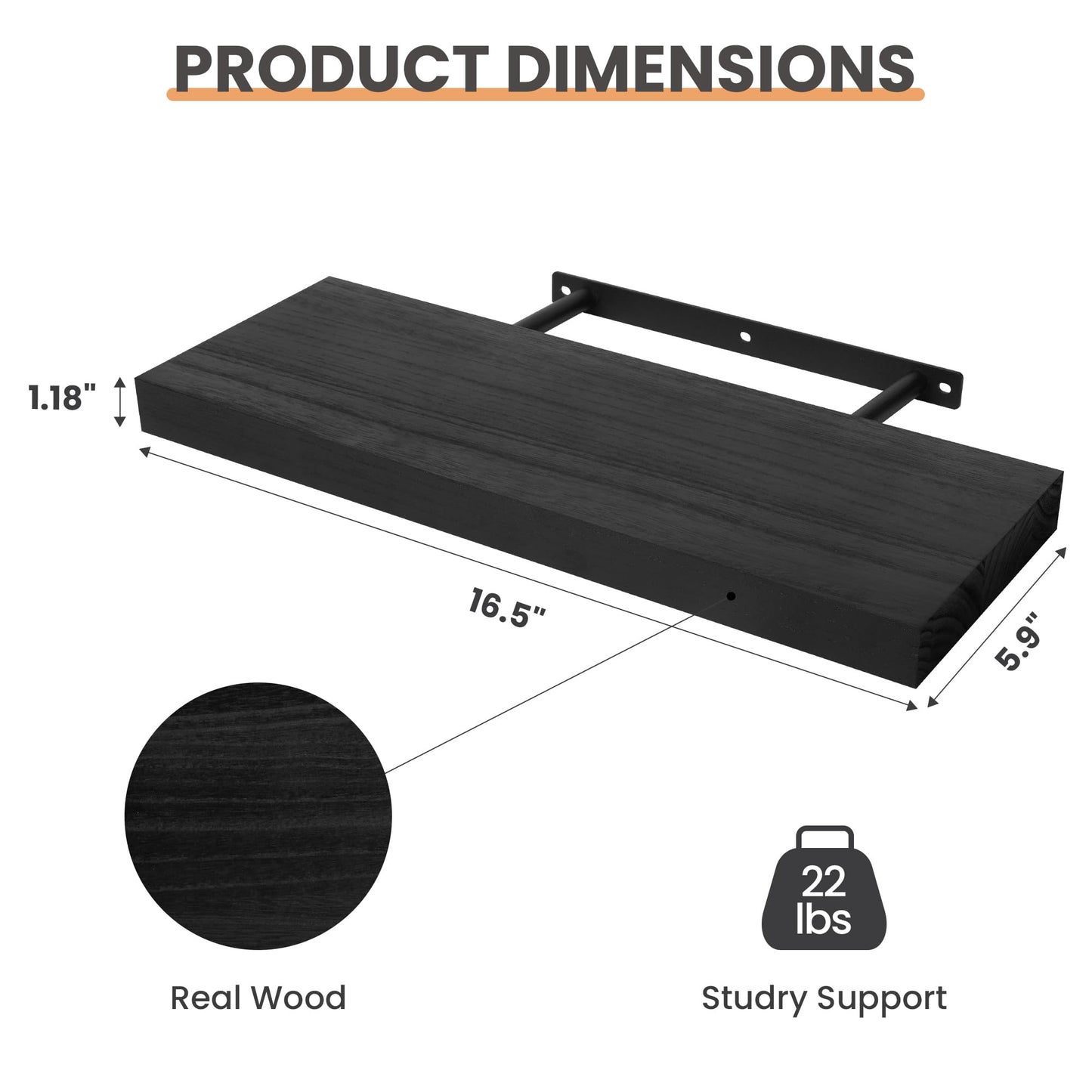 upsimples 16.5" L Black Wooden Floating Shelves with Invisible Brackets, Wall Mounted Modern Wood Shelves Set of 3, for Bathroom Bedroom - Available at All In One Marketplace Canada