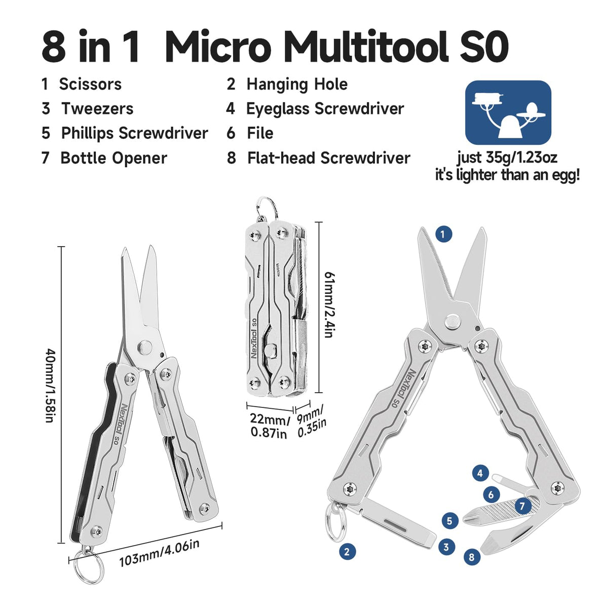NexTool S0 Micro Sailor Scissors,8-in-1 Mini Keychain Multitool (Silver) 🍁 All In One Marketplace Canada
