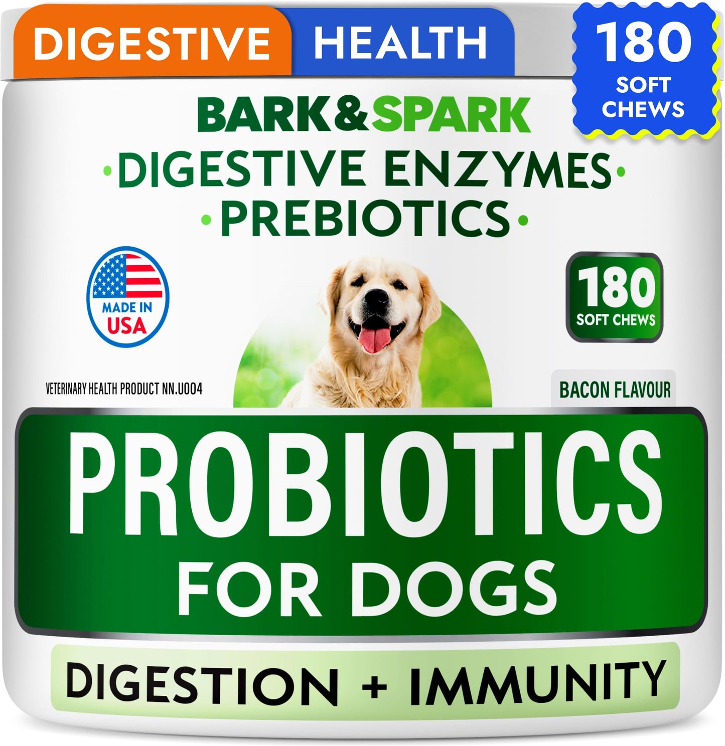 Probiotics for Dogs - Gas, Diarrhea, Allergy, Constipation, Upset Stomach Relief, w/Digestive Enzymes + Prebiotics - Chewable Supplement - Improve Digestion, Immunity - Dog Probiotics Chews - 180Ct