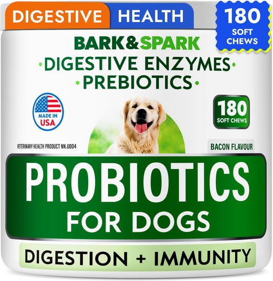 Probiotics for Dogs - Gas, Diarrhea, Allergy, Constipation, Upset Stomach Relief, w/Digestive Enzymes + Prebiotics - Chewable Supplement - Improve Digestion, Immunity - Dog Probiotics Chews - 180Ct