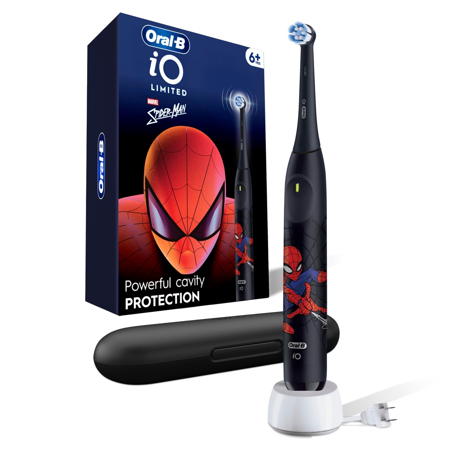 Oral-B iO Kids Limited Rechargeable Electric Powered Toothbrush, Spiderman with 1 Gentle Care Brush Head - Automatic Pressure Sensor to Protect Gums - 3 Cleaning Settings - 2 Min Music Timer - Travel Case - 28 Day Battery Life Oral-B