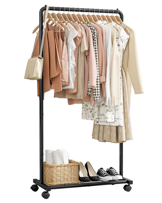 Sakugi Clothing Rack - Movable Multi-Functional Coat Rack with 4 Universal Wheels, Long-Lasting Metal Clothes Rack with Extra Storage Shelf for Bedroom, Office, Laundry(Black, 73W x 43.5D x 150H cm)