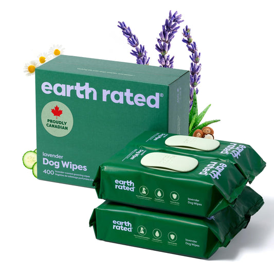 Earth Rated (A Canadian Company) Dog Wipes, Hypoallergenic, Cleaning and Hydrating, for Grooming Paws, Body and Butt, Lavender Scented, 400 Count