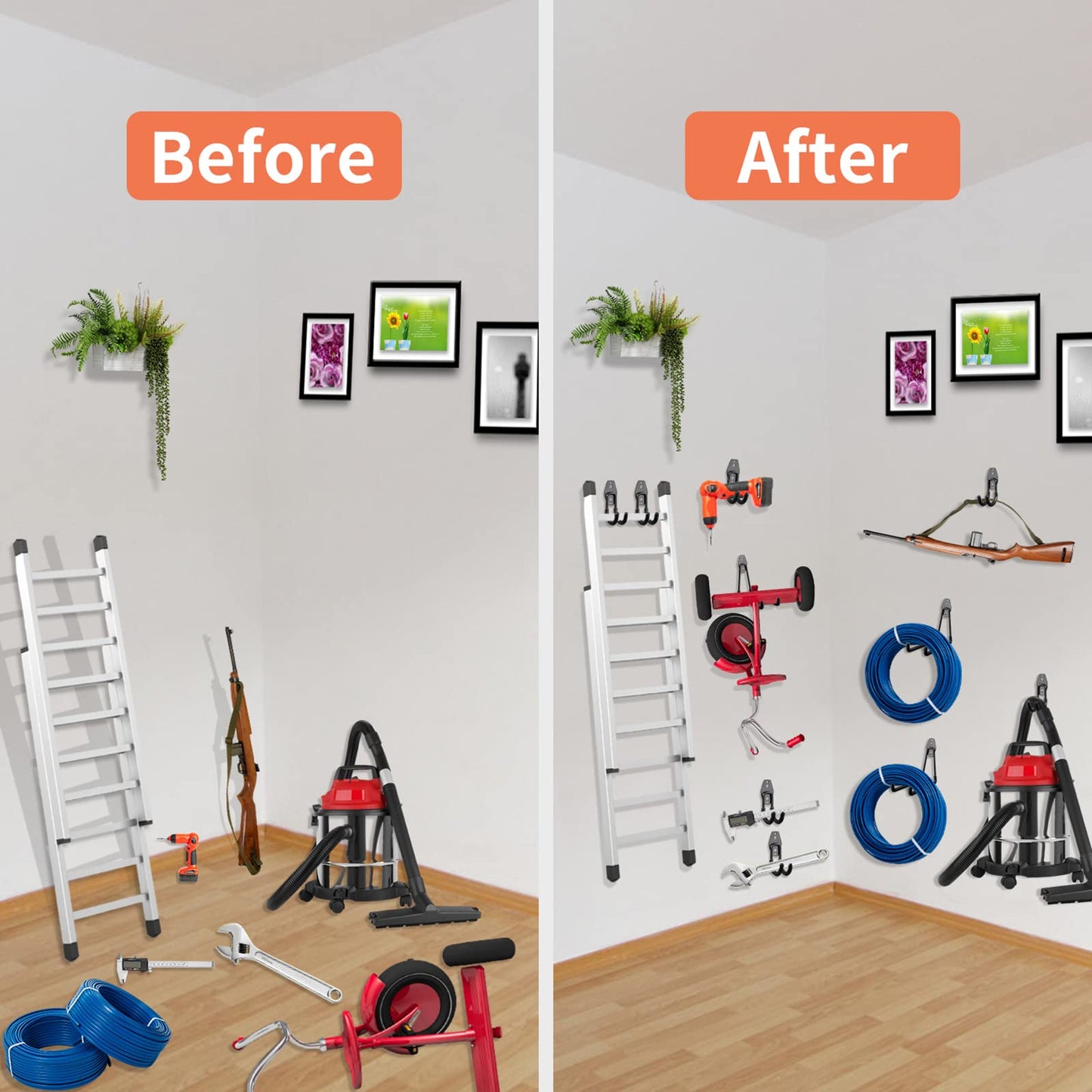 Garage Hooks Heavy Duty Utility Steel with Anti-Slip Coating Wall Mount Storage Organizer for Hanging Power and Garden Tools, Ladders, Hose, Bikes, Ropes, Bulk Items, and More (12 Pack Orange) - Available at All In One Marketplace Canada