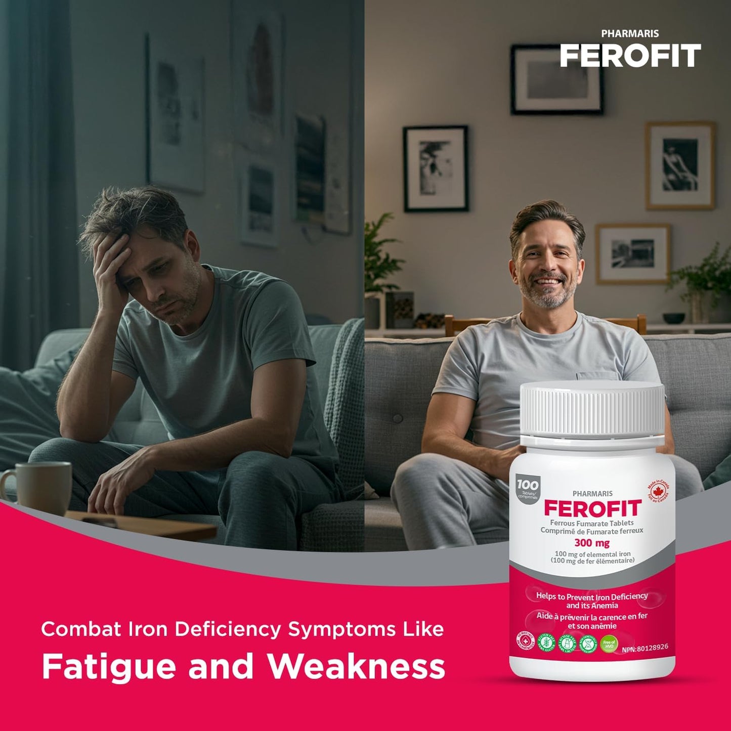 Pharmaris Ferofit - Ferrous Fumarate 300mg (100mg Elemental Iron), Prevents Anemia Due to Deficiency, Iron Supplements for Women & Men, 100 Tablets - Available at All In One Marketplace Canada