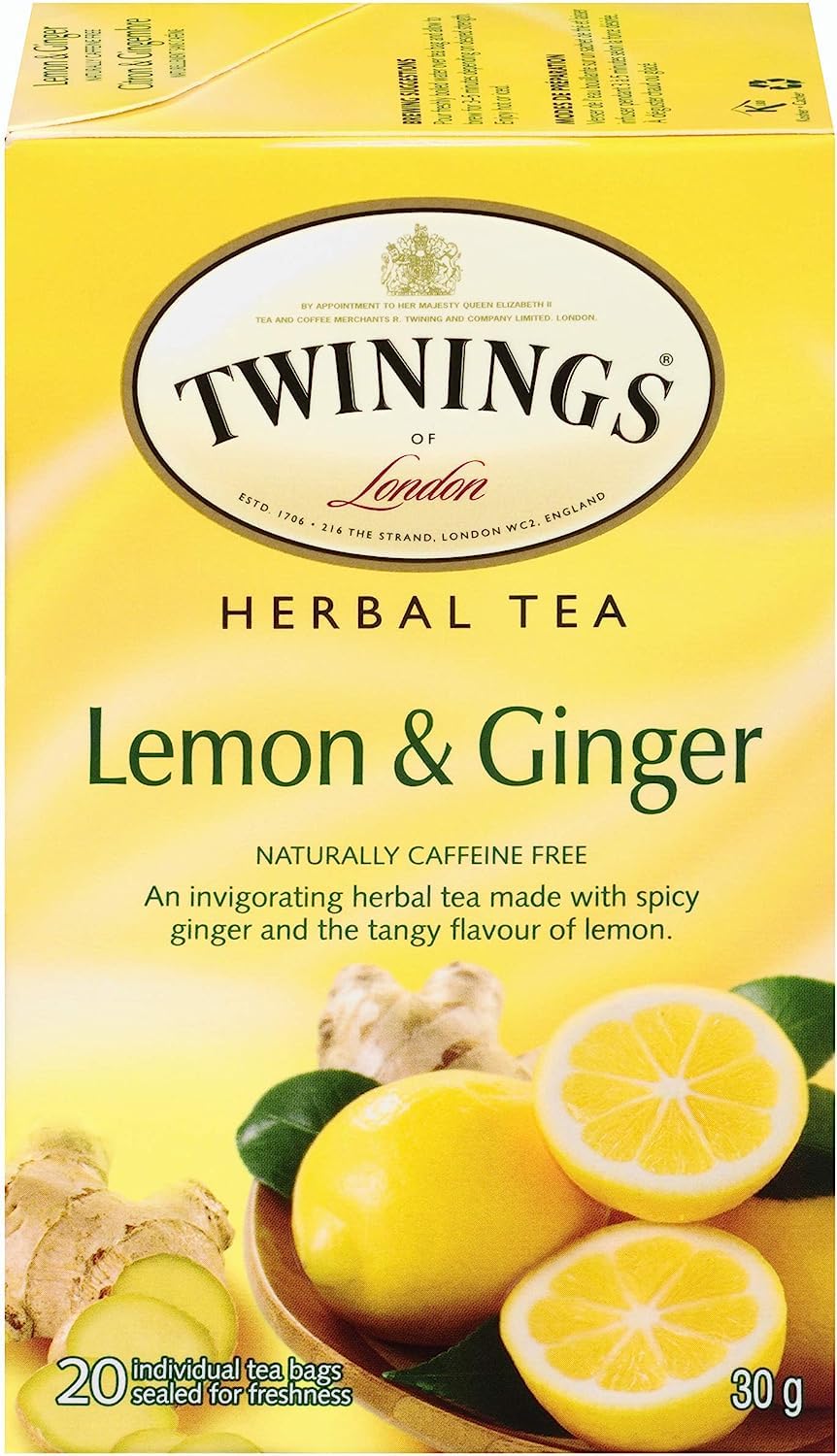 Twinings Lemon and Ginger Herbal Tea Bags - Caffeine-Free, 20 Count (Pack of 6)